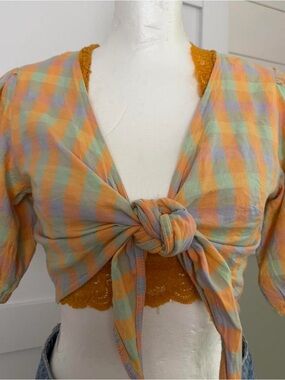 Billabong Pastel Plaid Tie-Front Crop Top in Orange, Mint, and Lavender